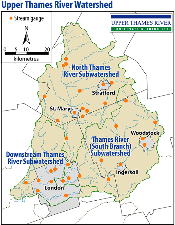 Map of hydrometric stations in the UTRCA watershed