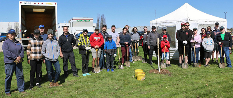 Group of people with shovels in a grassy field near a newly planted tree.