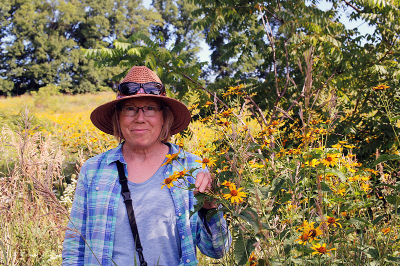 Person wearing a straw hat, standing in a meadow next to wildflowers and trees