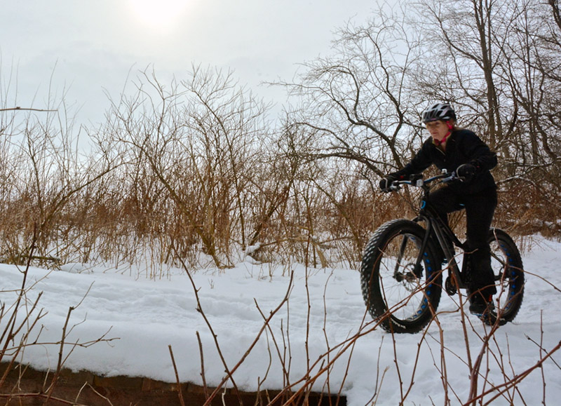 Winter trailriding at Wildwood CA Person rides a bike with extra wide tires along a trail in the winter