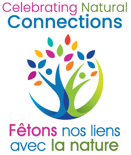 Celebrating Natural Connections logo consisting of green and blue tree with colourful leaves, and English and French text above and below