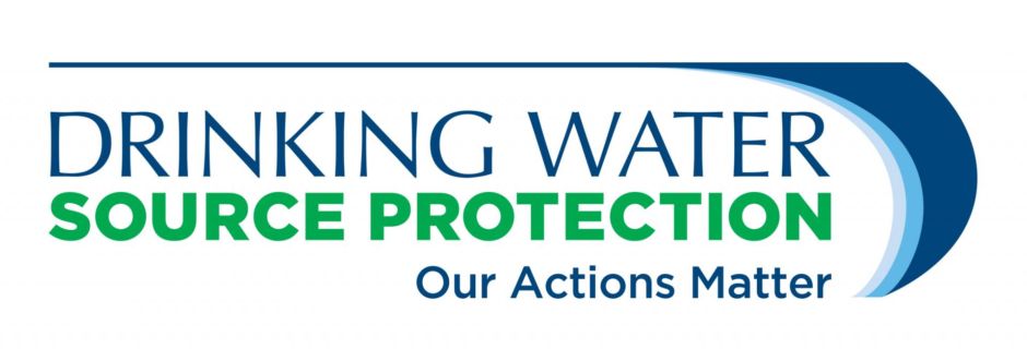 Drinking Water Source Protection logo consisting of blue line, blue waves, and blue and green text