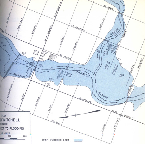 Map of 1937 Flood in Town of Mitchell (North Thames River at Whirl Creek)