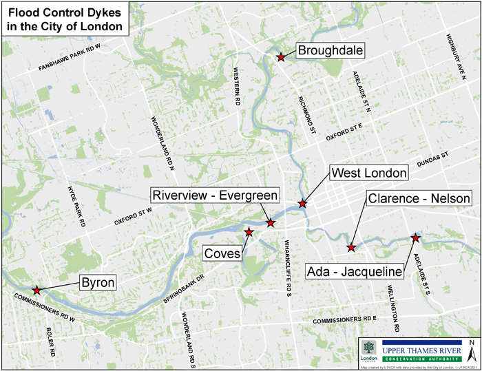 Map of flood control dykes in the City of London