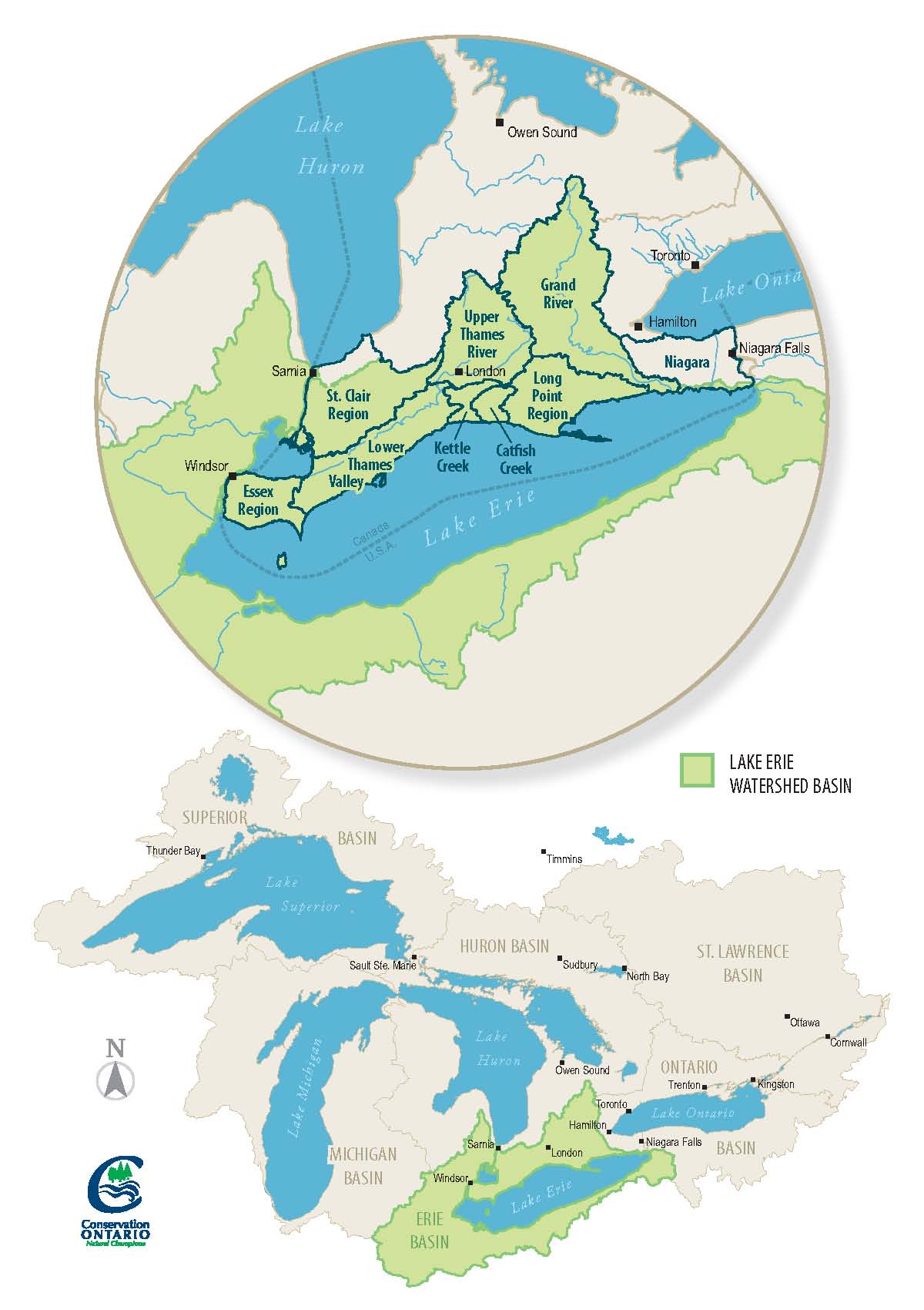 Map of Canadian Lake Erie watersheds and the Great Lakes basin
