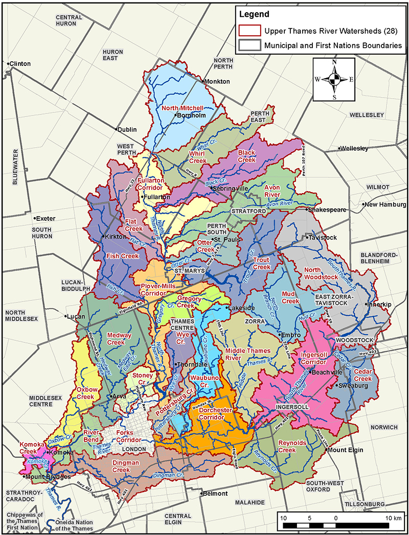 Map showing the 28 subwatersheds within the Upper Thames River watershed.