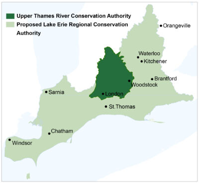 Map of southwestern Ontario, showing the Upper Thames River Conservation Authority within the proposed Lake Erie Regional Conservation Authority