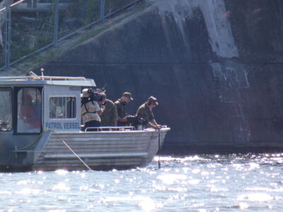 Film crew on a boat on Fanshawe Lake