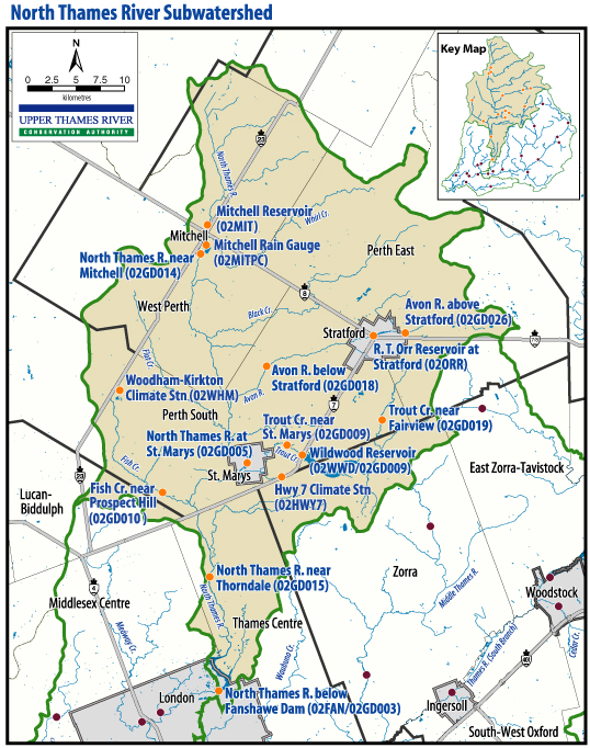 Map showing location of stream gauges in the North Thames River subwatershed