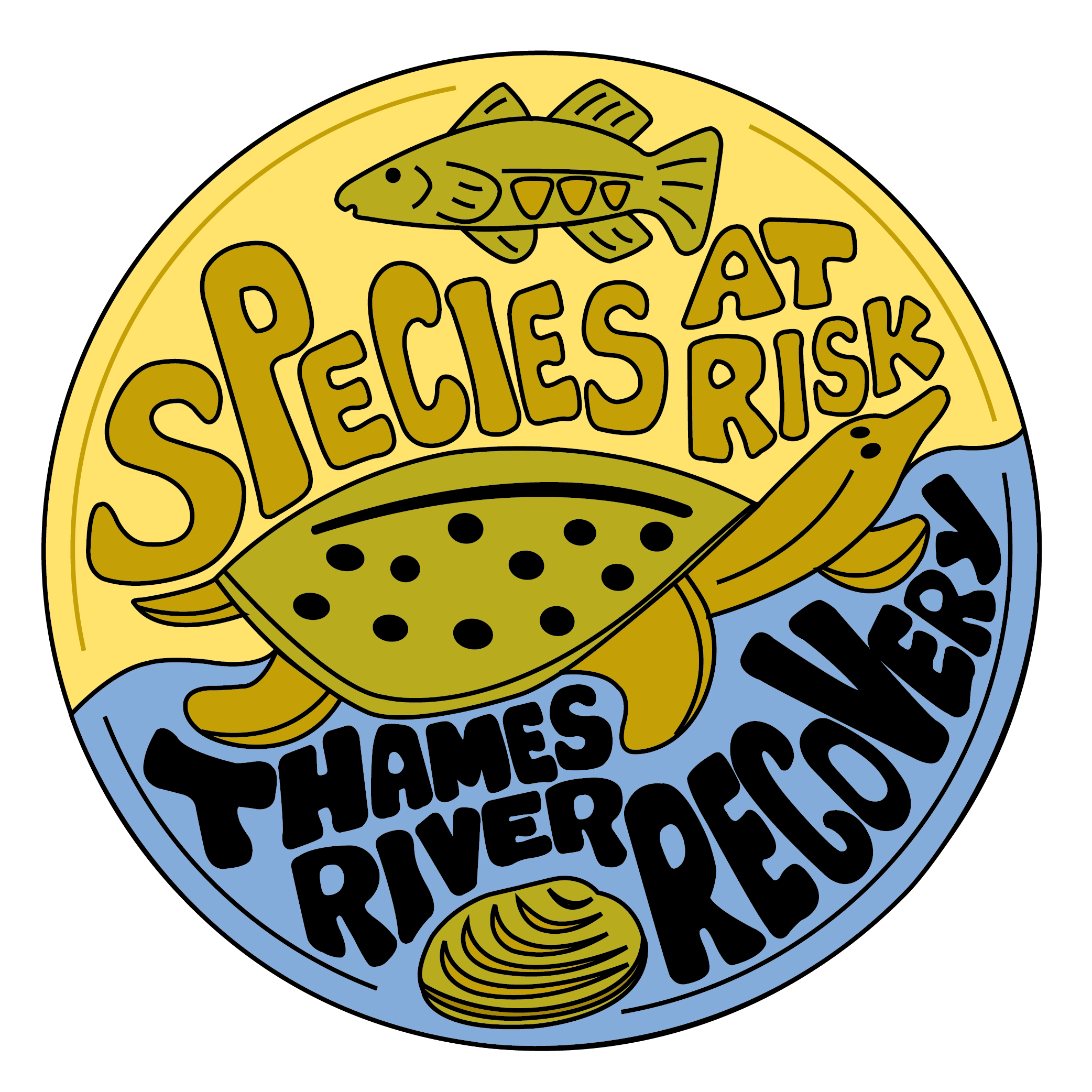 Thames River Species at Risk logo consisting of blue, green, and brown drawing of turtle, fish, and mussel with text