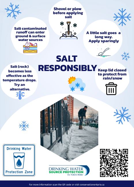 Salt Responsibly sticker with an image of a person applying salt to a sidewalk.