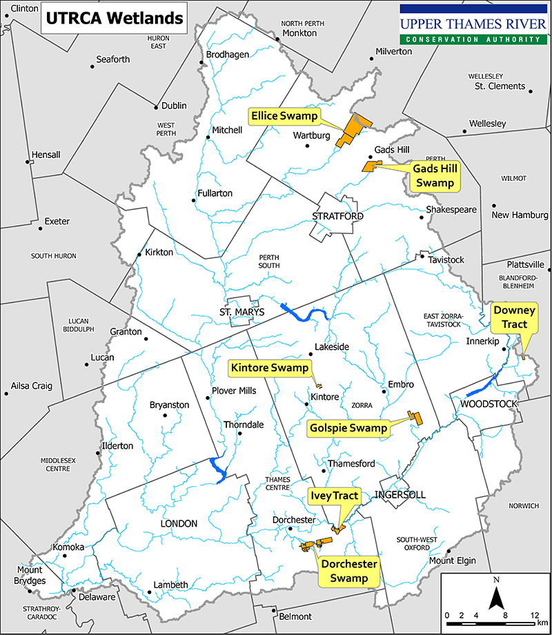 Map of UTRCA watershed showing location of seven wetlands