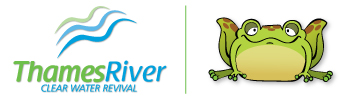 Thames River Clear Water Revival logo with three wavy blue and green lines and a frog
